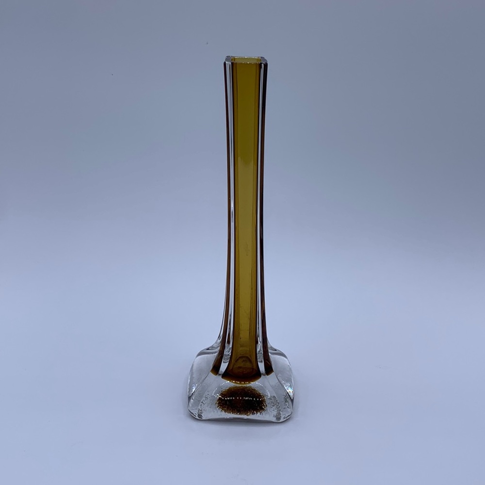 Vintage Amber Clear Art Glass Small Stretched Bud Vase